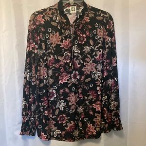 Ann Klein Women’s Shirt/Tunic,Black Floral Print,Long Sleeves